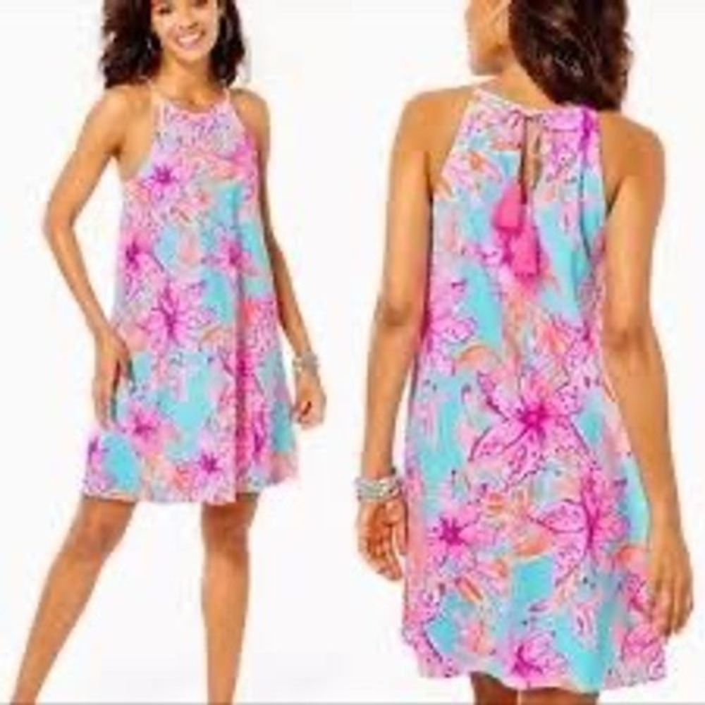 Lilly Pulitzer Margot Swing Dress Womens Small Blue Pink‎ Floral Cotton Halter